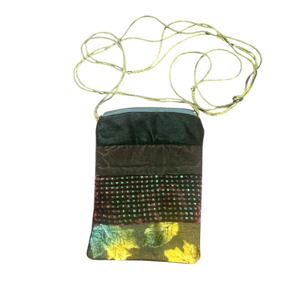 Green Velvet Crossbody Mini Bag Purse Satin Strap Multi Color Pattern Zip Top